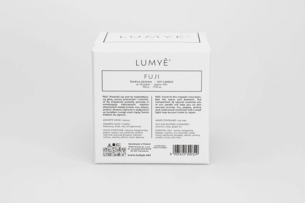 Świeca sojowa Lumyè Fuji w opakowaniu.